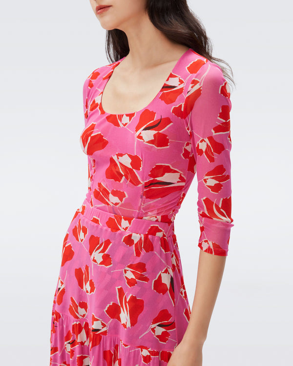 DVF miley mesh bodysuit in giant paper tulip pink