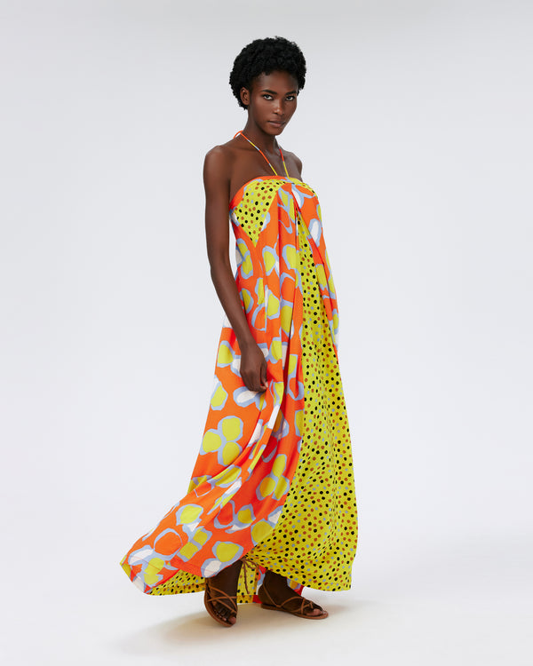 DVF jemima maxi dress in multi petal and lipstick dot signature yellow