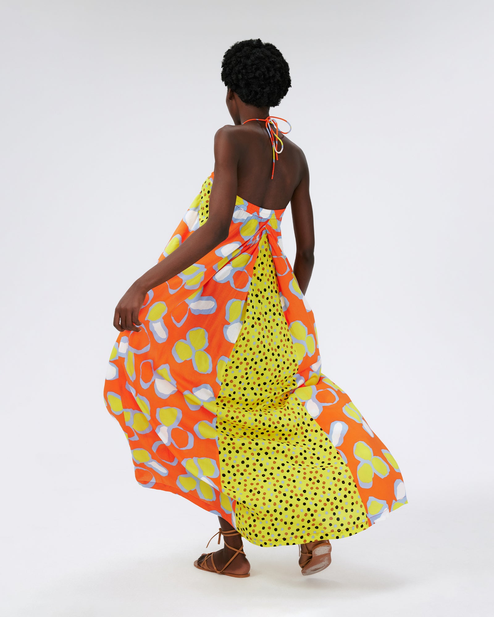 DVF jemima maxi dress in multi petal and lipstick dot signature yellow
