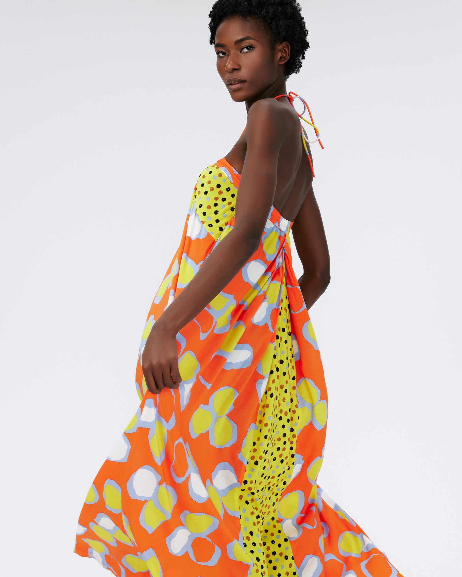 DVF jemima maxi dress in multi petal and lipstick dot signature yellow