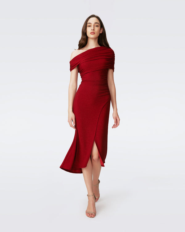 DVF AGUSTIN MIDI DRESS in METALLIC RED