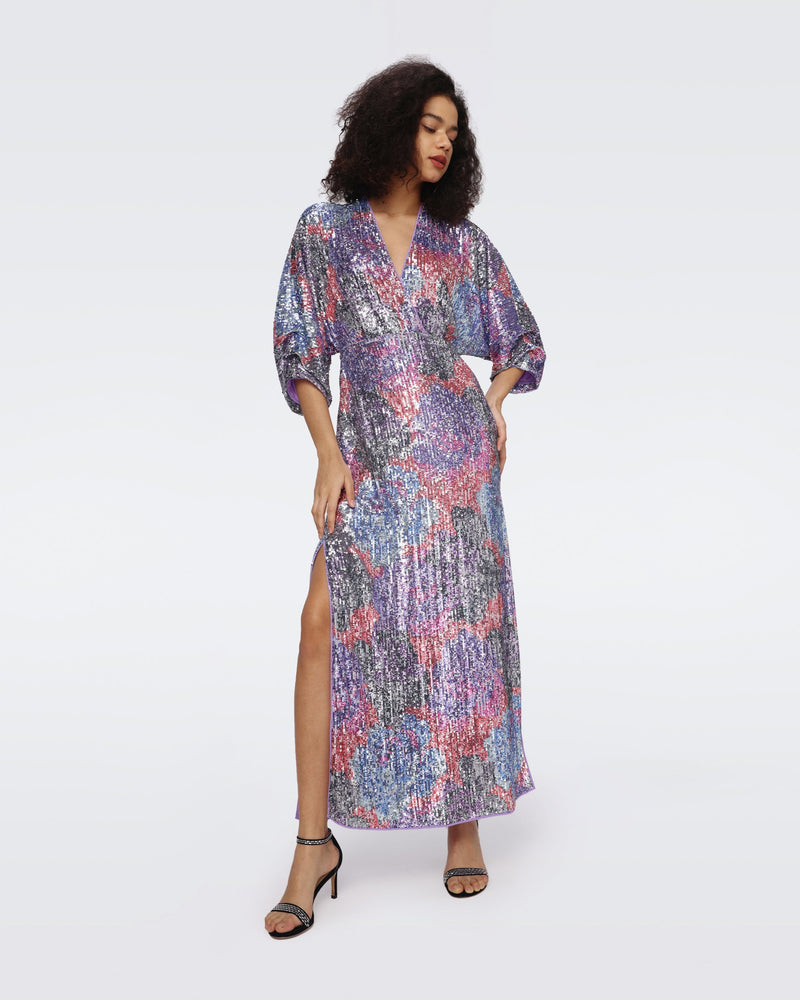 dvf sequin wrap dress Diane von Furstenberg White Sequin Long Wrap Dress, Black Tie at 1stDibs