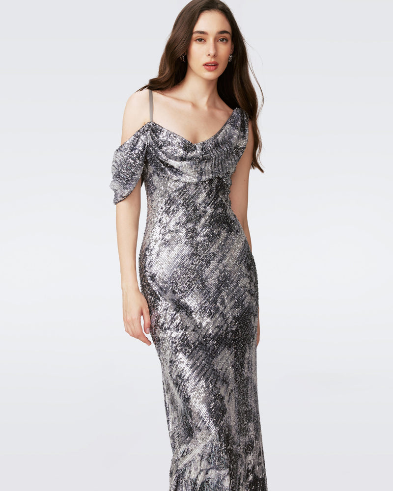 dvf silver sequin dress Diane Von Furstenberg Silver Sequined Midi Dress L Diane Von Furstenberg