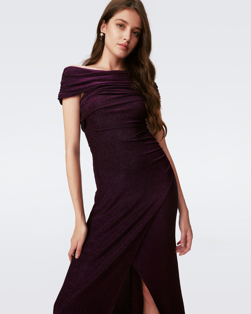 DVF AGUSTIN DRESS in METALLIC RED PURPLE