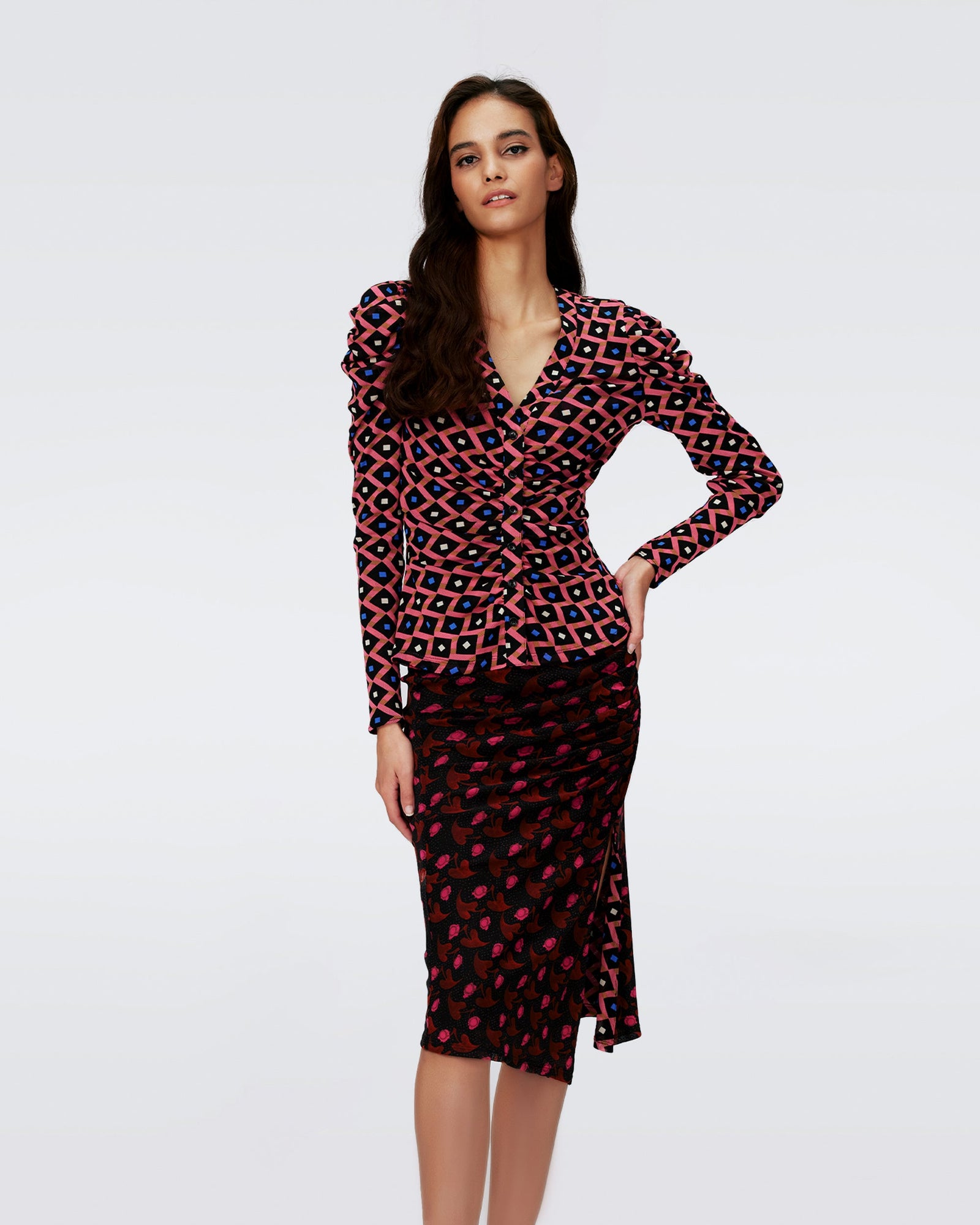 Dvf Dariella Reversible Skirt In Heart Leaves Blk/Dia Cubes Pk