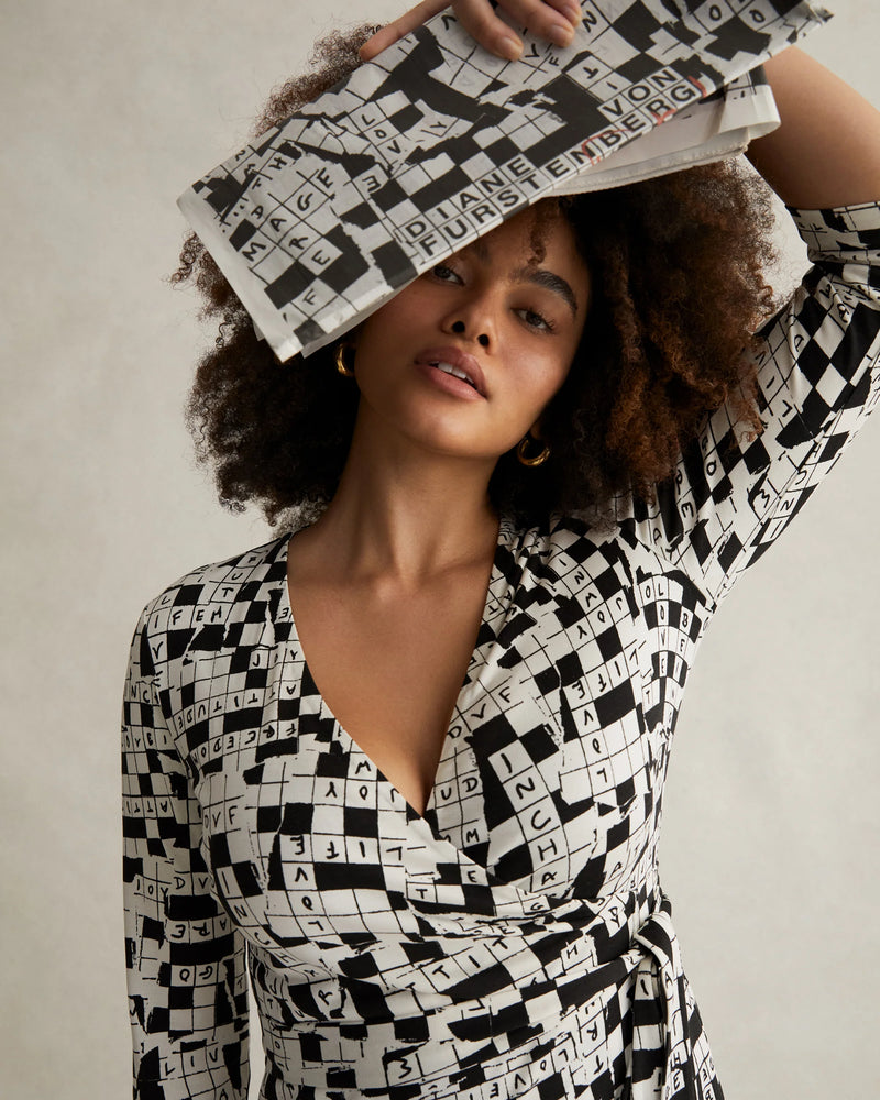 Julian Silk Jersey Wrap Dress in Tiny DVF 50th Crossword Ivory Julian Silk Jersey Wrap Dress in Tiny DVF 50th Crossword Ivory