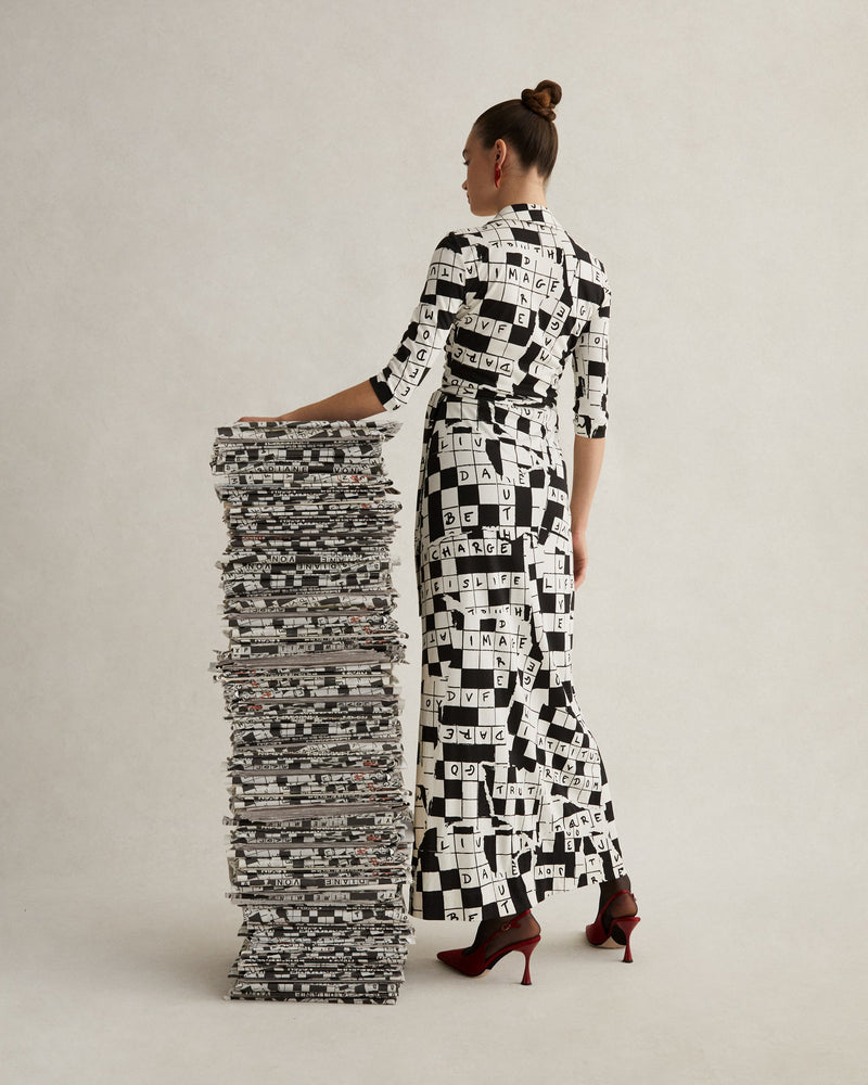 Abigail Silk Jersey Maxi Wrap Dress in DVF 50th Crossword Ivory