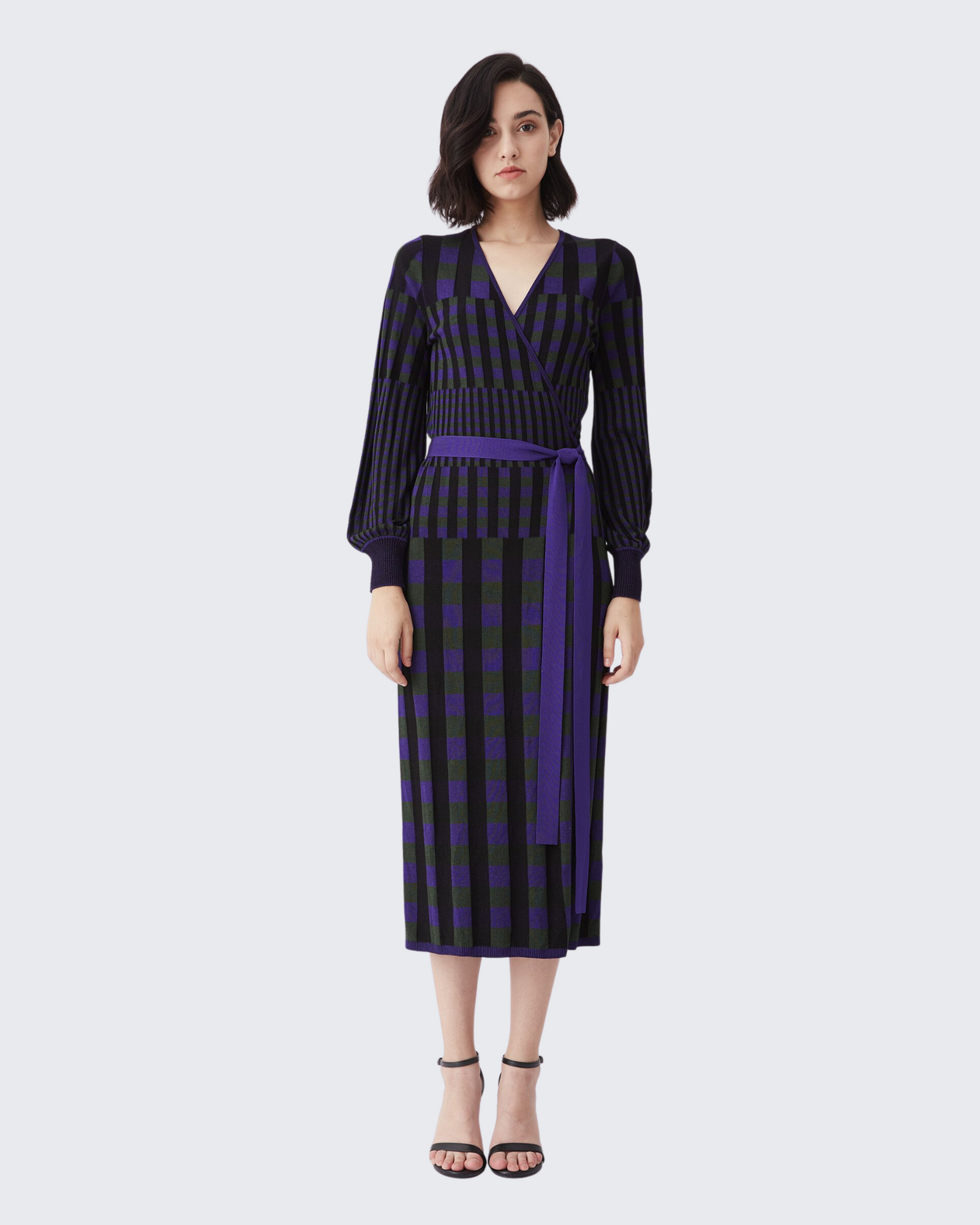 Emily Ribbed Knit Wrap Top In Purple Green Gingham