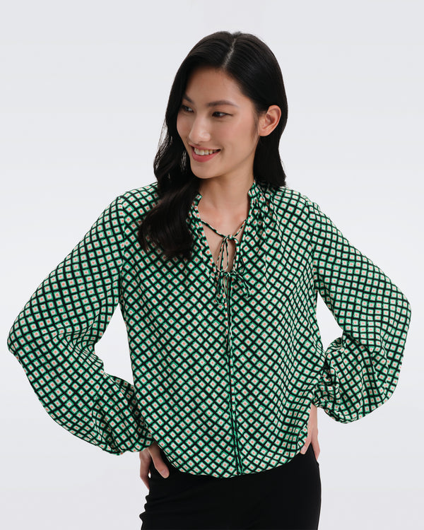 DVF Ginny Crepe Top in Tiny Painted Cube Indian Green