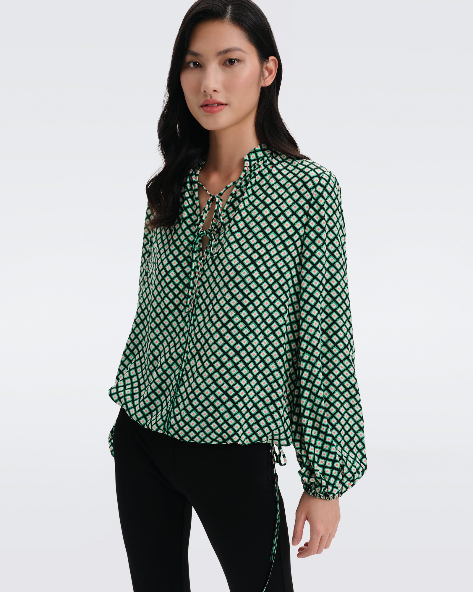 DVF Ginny Crepe Top in Tiny Painted Cube Indian Green