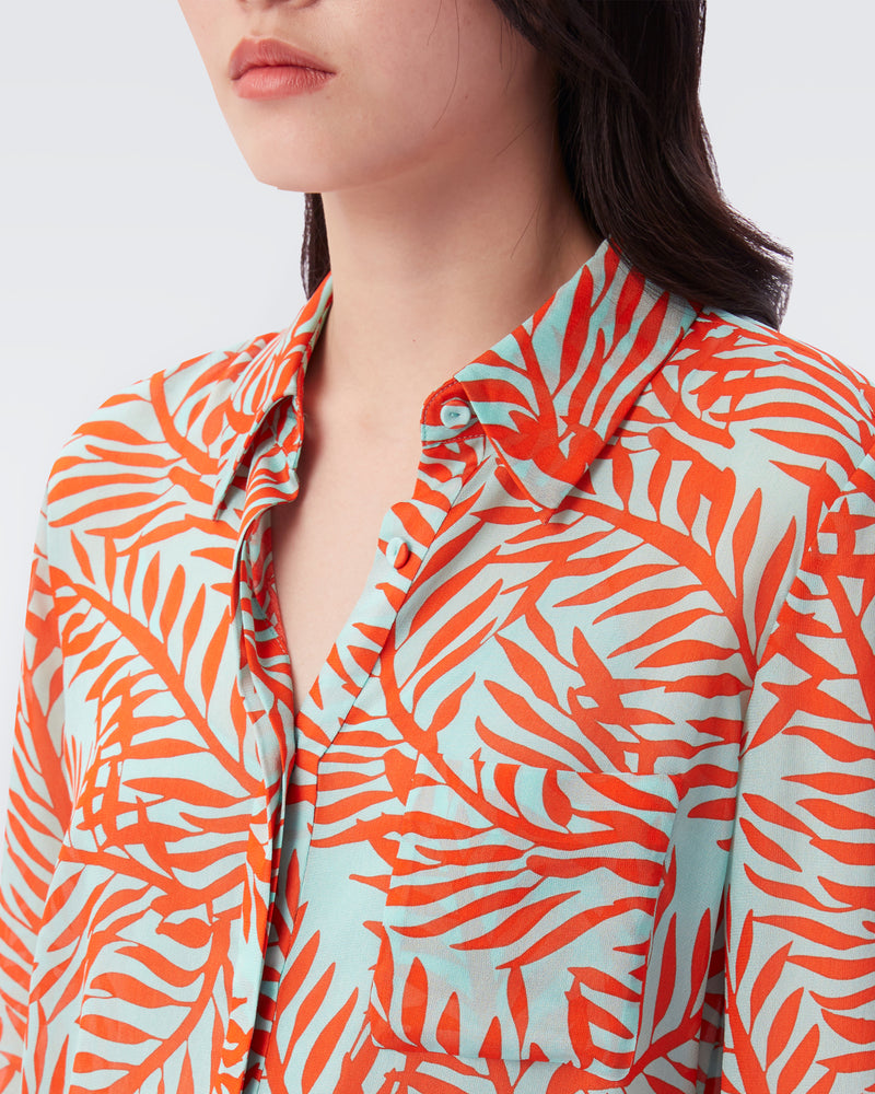 DVF Lorelei Collared Shirt in Bella Palm Cloud Turquoise_Collar