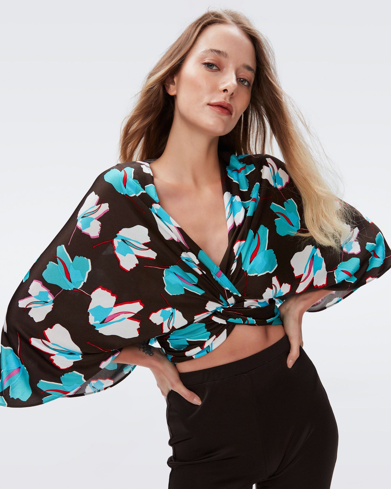 DVF fran top in giant paper tulip coco brown