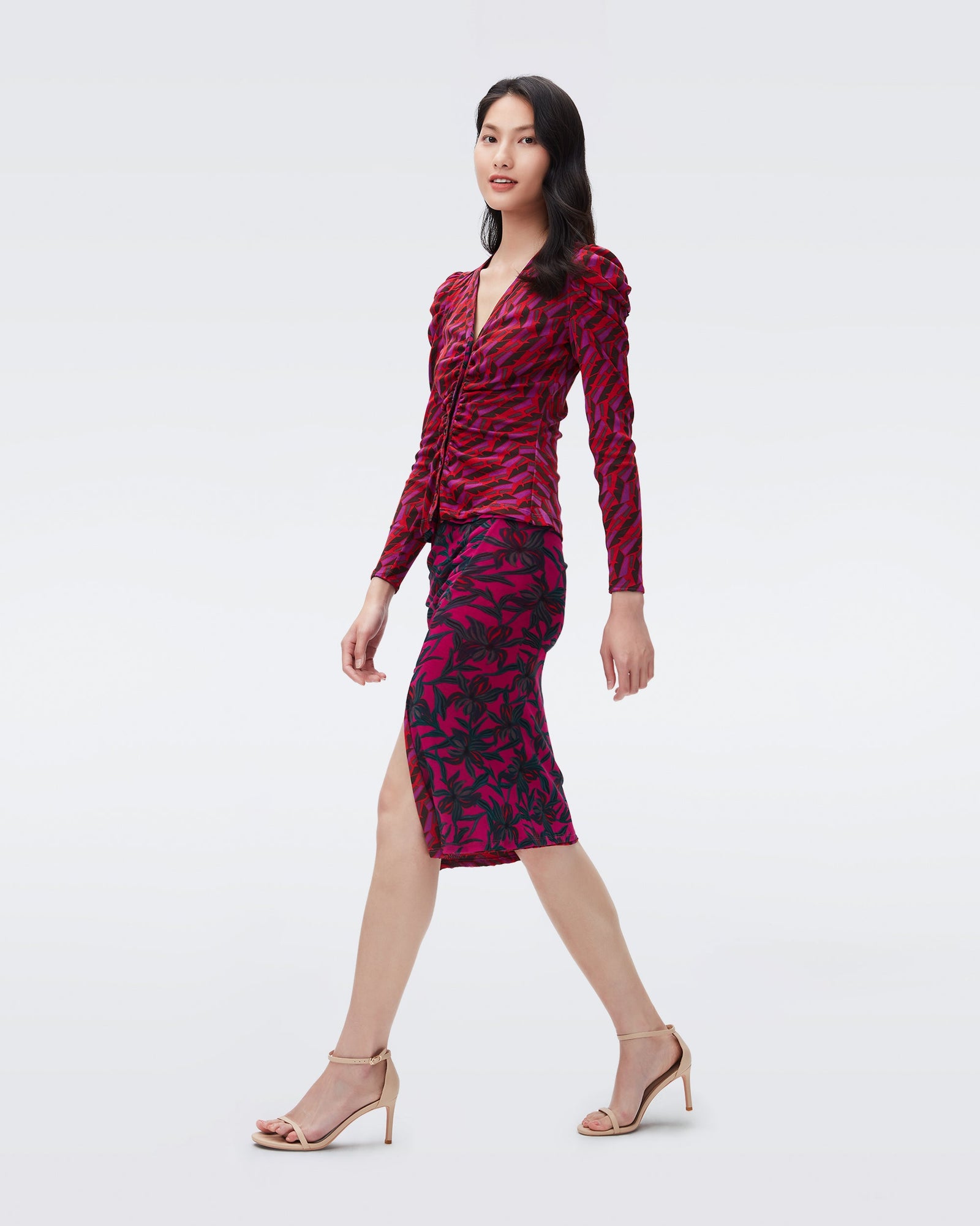 DVF dariella reversible mesh skirt in orchids medium aster zig zag red