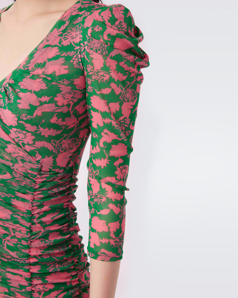 Marcelle Pleated Mesh Dress In Billiard Green Begonia Leaves