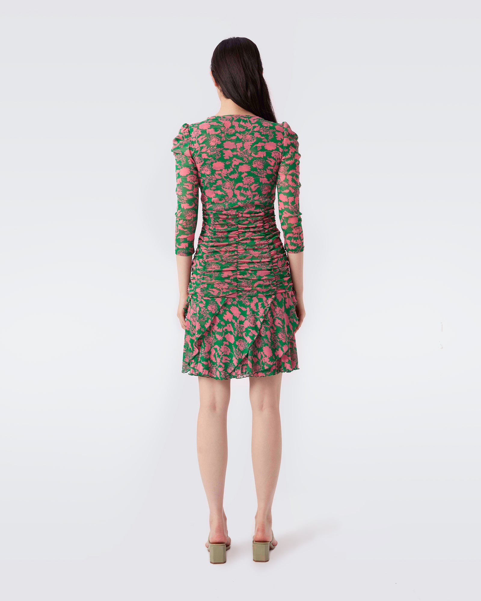 Marcelle Pleated Mesh Dress In Billiard Green Begonia Leaves