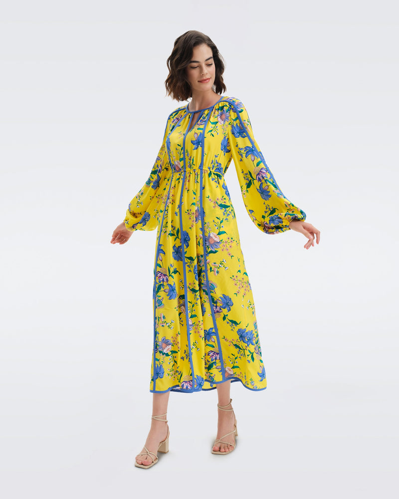DVF scott silk maxi dress in summer bouquet yoke yellow