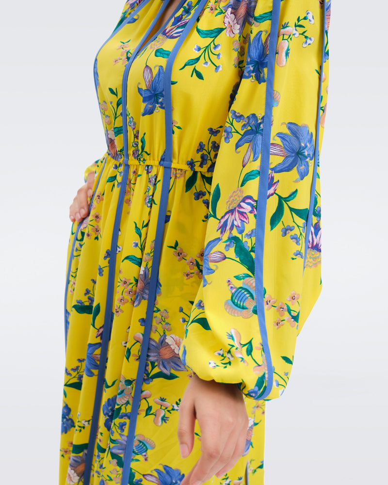 DVF scott silk maxi dress in summer bouquet yoke yellow