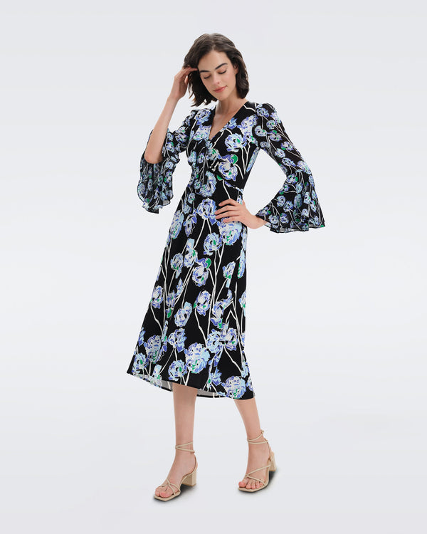 DVF Shauna Chiffon Midi Dress in Huge Watercolor Floral Black