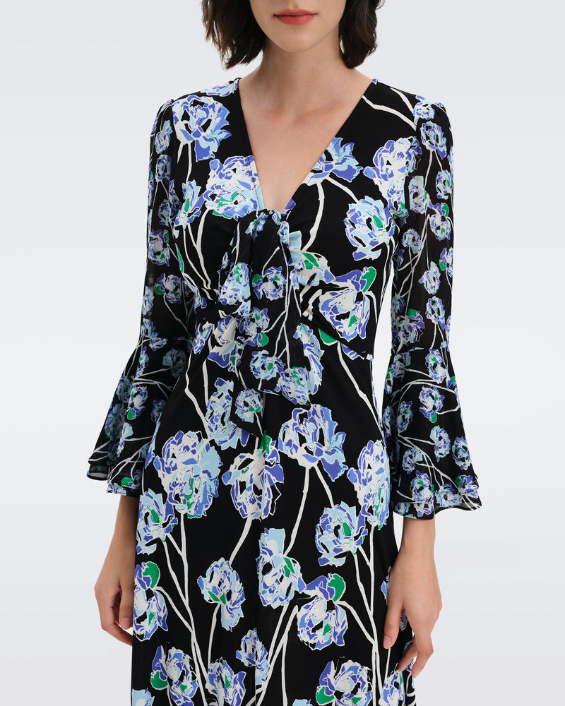 DVF Shauna Chiffon Midi Dress in Huge Watercolor Floral Black