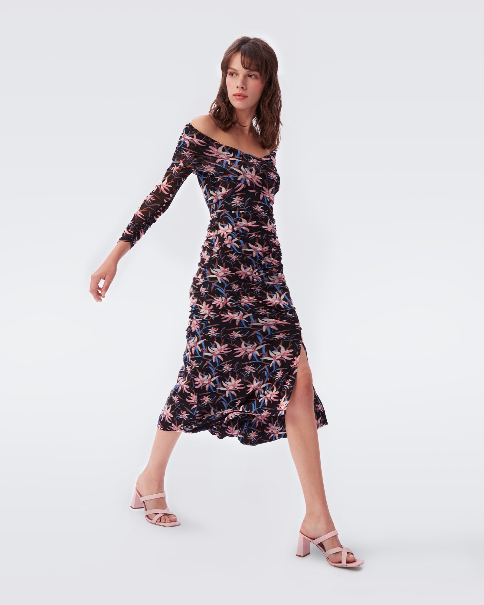 dvf mesh ruched dress DIANE Von FURSTENBERG DVF Black Floral Print Mesh Ruched Cocktail Dress L 12/14