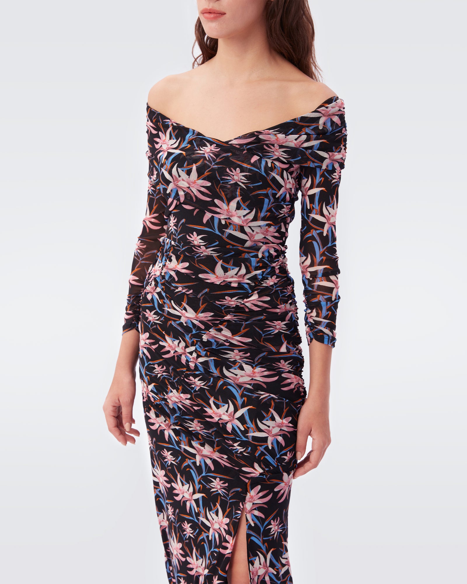 dvf mesh ruched dress DIANE Von FURSTENBERG DVF Black Floral Print Mesh Ruched Cocktail Dress L 12/14