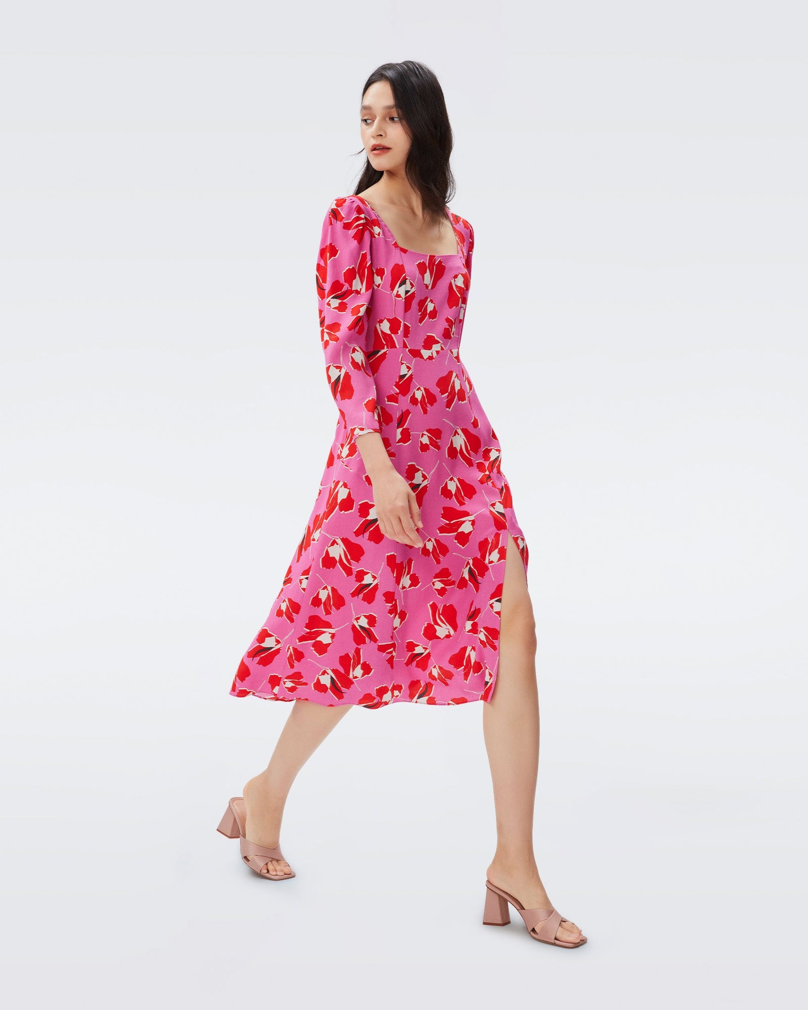 DVF joanna midi dress in giant paper tulip pink
