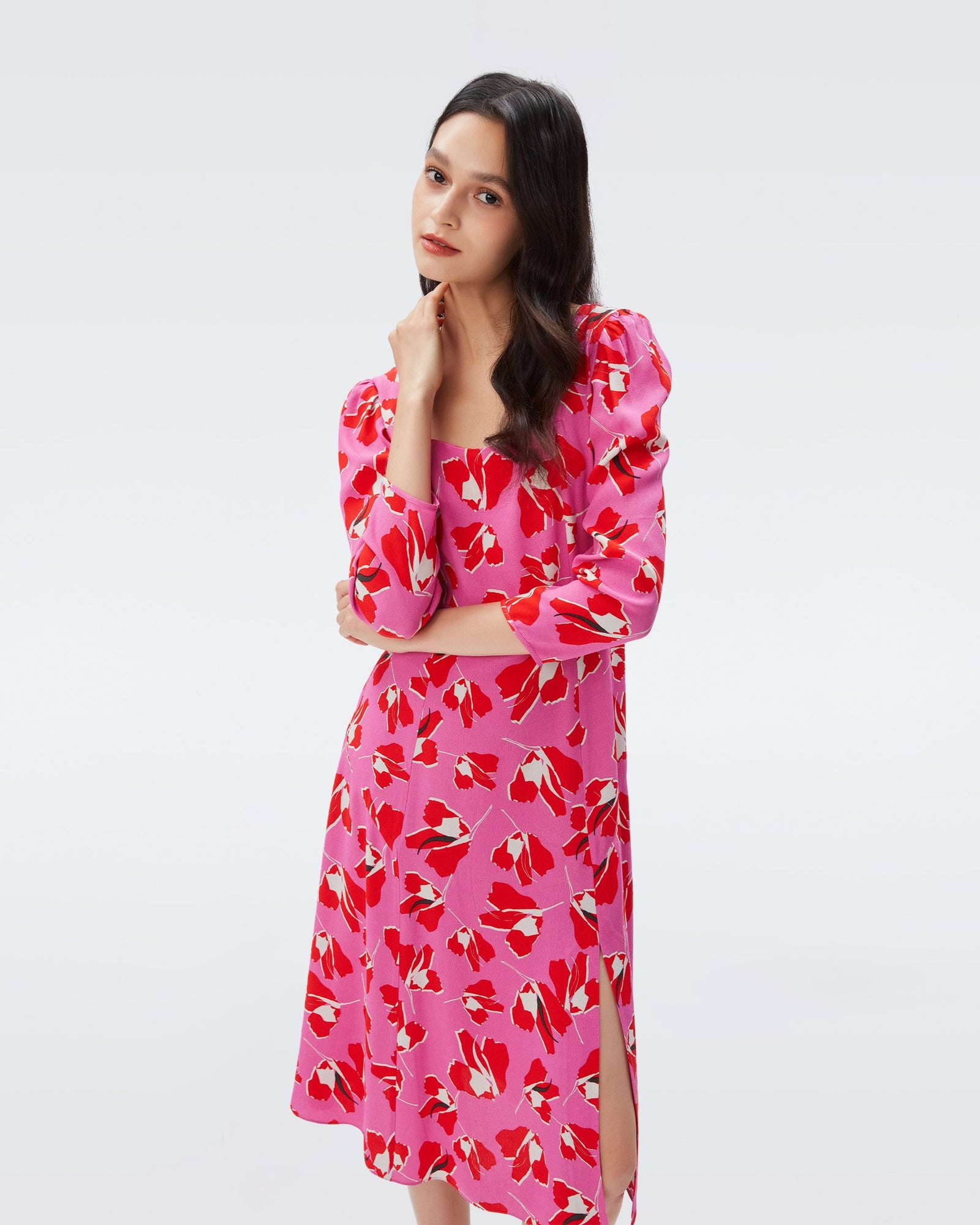 DVF joanna midi dress in giant paper tulip pink