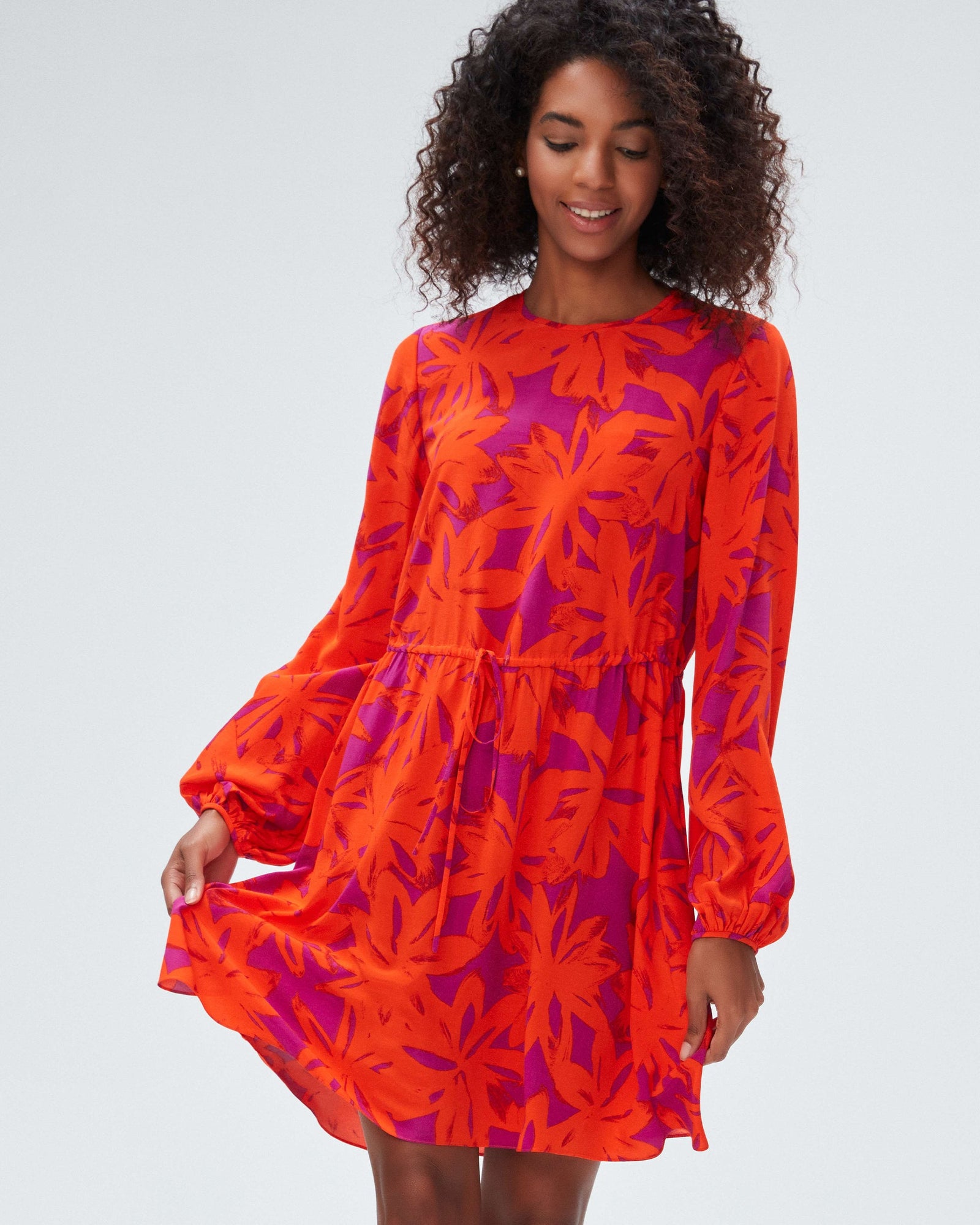 dvf sydney mini dress in brushed petals orange