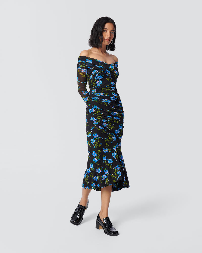 dvf ruched dress Diane Von Furstenberg Corinne Ruched Printed Stretch-Mesh Midi Dress In Blue - 65% Off