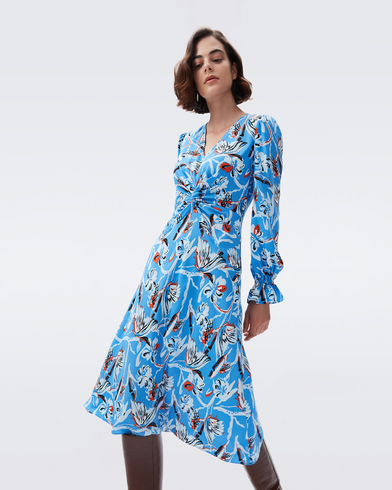 DVF anaba dress in butterfly floral pure blue