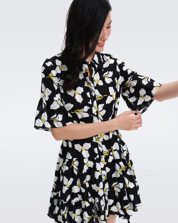 DVF Beata Cotton Mini Dress in Huge Graphic Flower Black