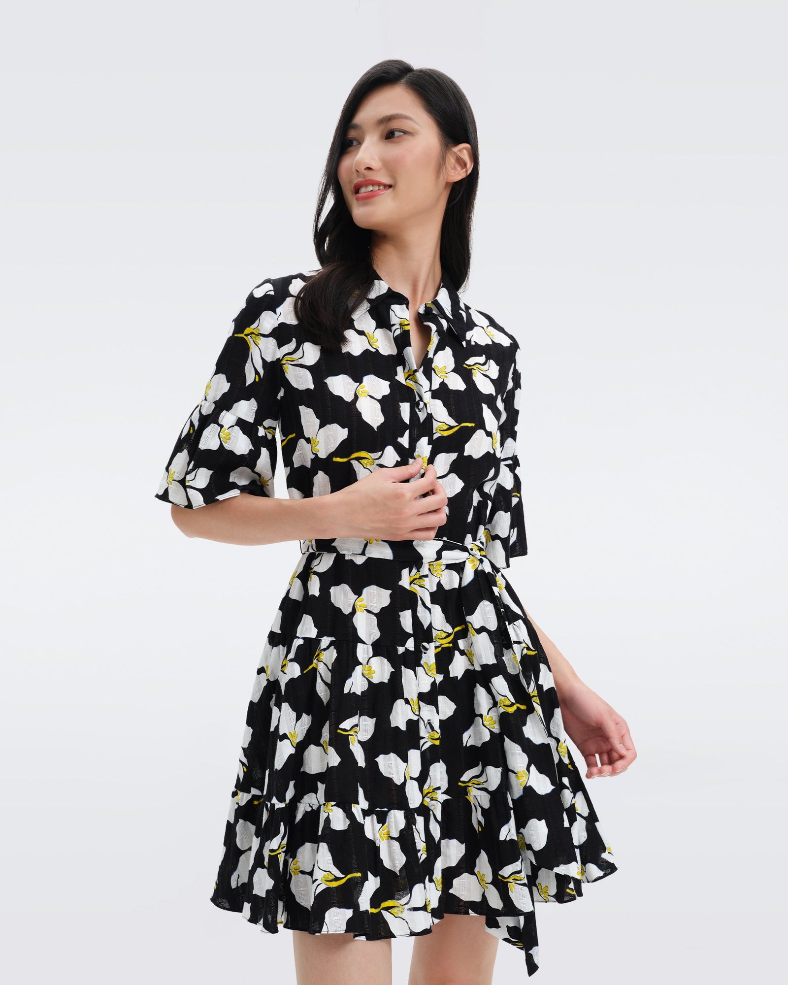 DVF Beata Cotton Mini Dress in Huge Graphic Flower Black