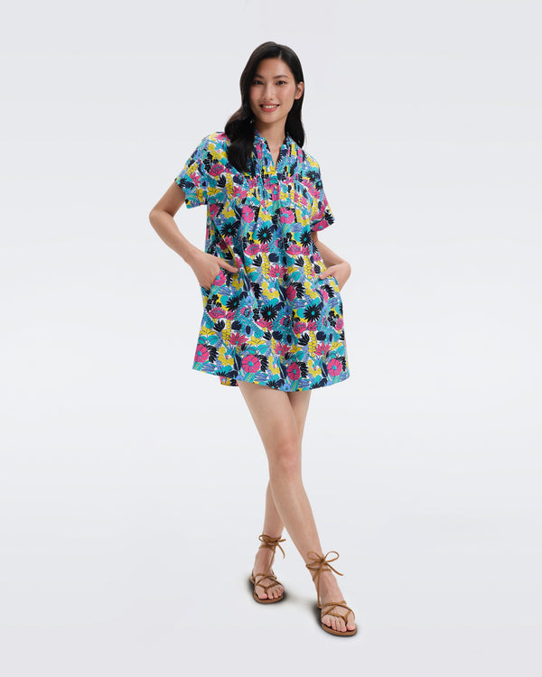 DVF Fiona Cotton Poplin Mini Dress in Garden Of Earthly Delicious Summer Turquoise