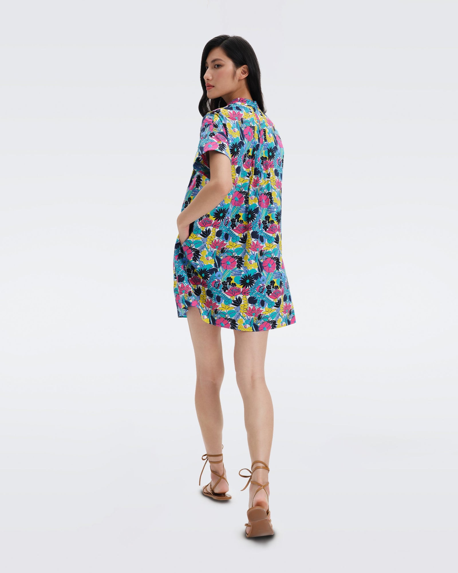 DVF Fiona Cotton Poplin Mini Dress in Garden Of Earthly Delicious Summer Turquoise