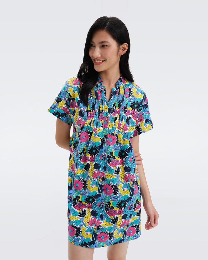 DVF Fiona Cotton Poplin Mini Dress in Garden Of Earthly Delicious Summer Turquoise