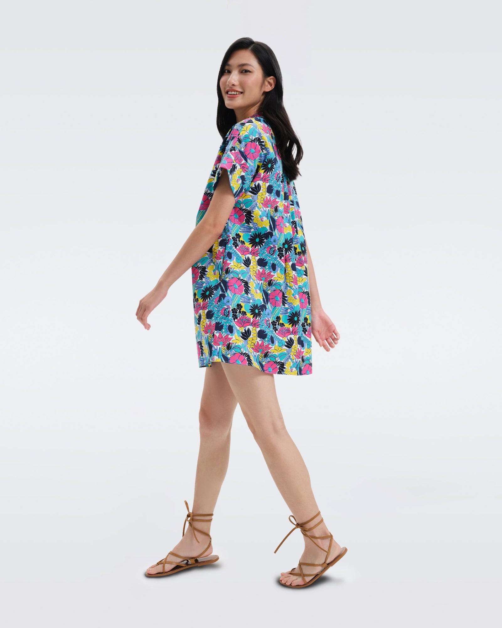 DVF Fiona Cotton Poplin Mini Dress in Garden Of Earthly Delicious Summer Turquoise