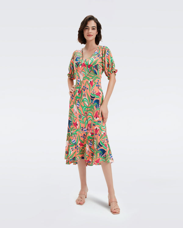 DVF Orla Crepe Midi Dress in Fantasia Floral Coral Reef