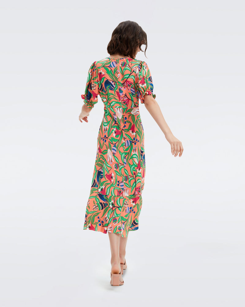 DVF Orla Crepe Midi Dress in Fantasia Floral Coral Reef