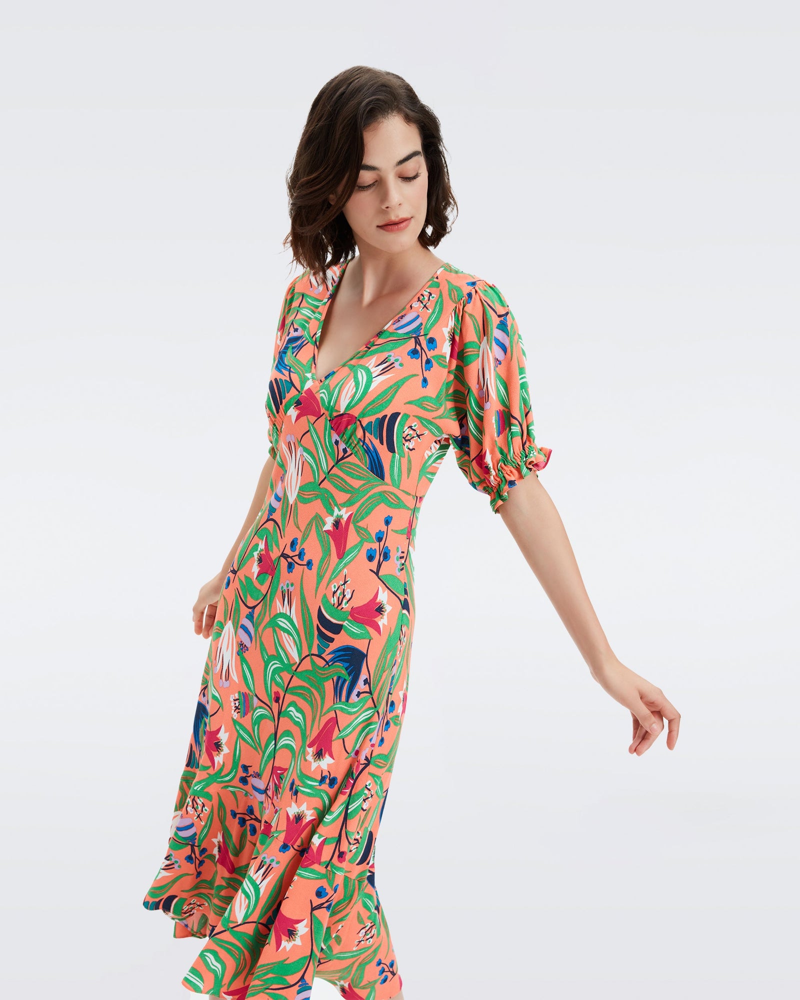 DVF Orla Crepe Midi Dress in Fantasia Floral Coral Reef