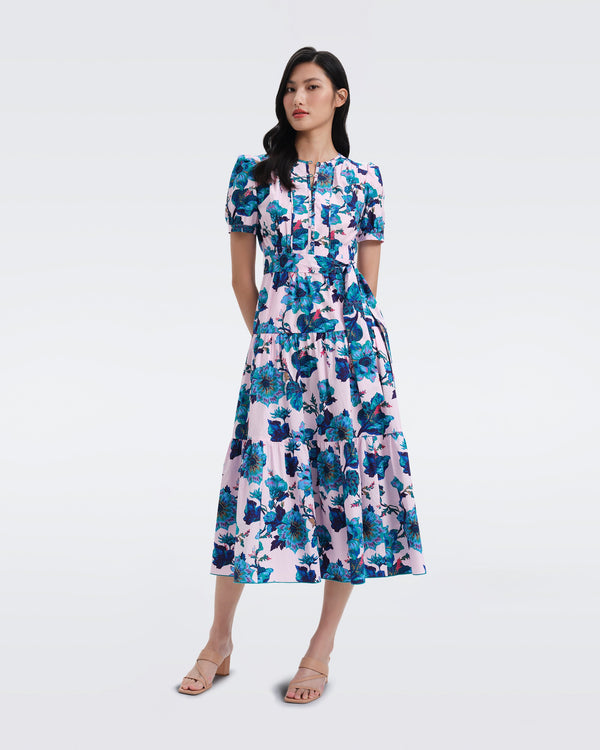 DVF frankie cotton poplin maxi dress in huge astrantia goddess turquoise