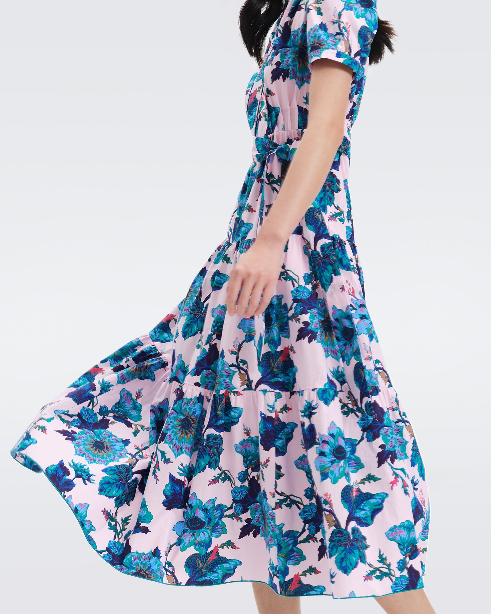 DVF frankie cotton poplin maxi dress in huge astrantia goddess turquoise