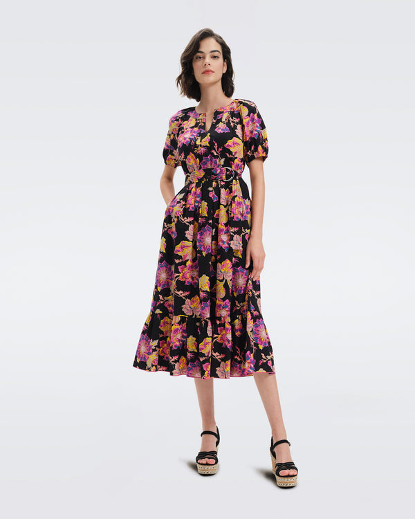 DVF lindy cotton poplin midi dress in huge astrantia black