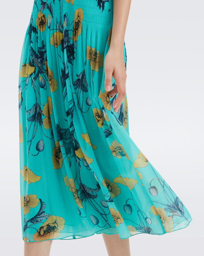 DVF lupin pleated maxi dress in poppy goddess turquoise