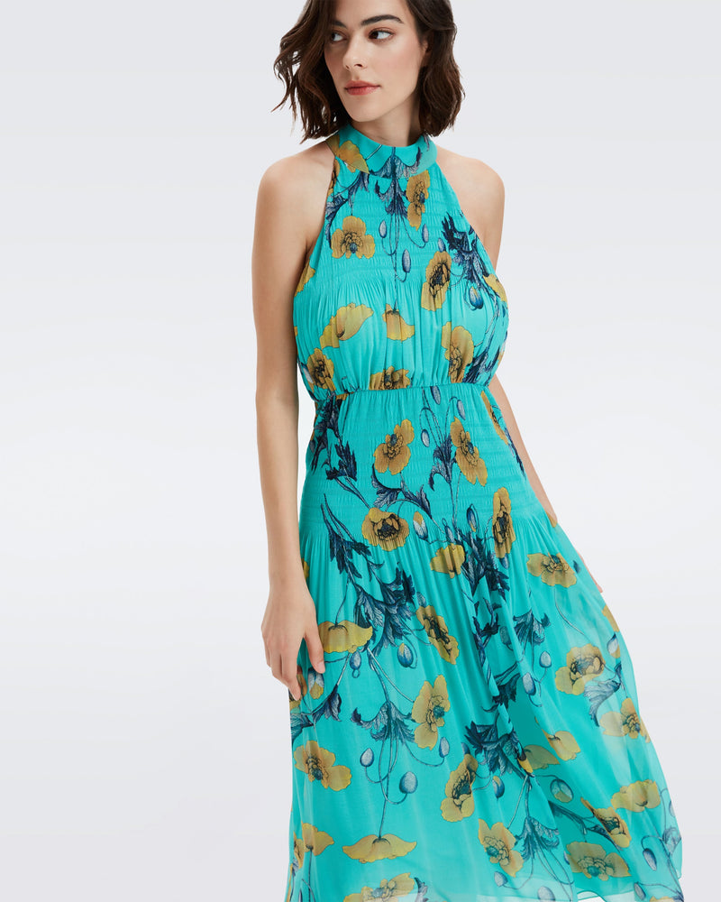 DVF lupin pleated maxi dress in poppy goddess turquoise