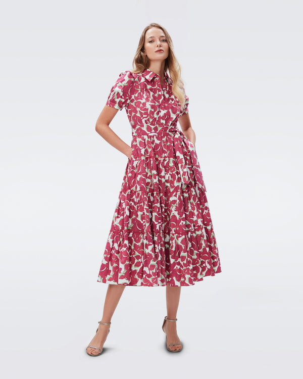 DVF queena cotton poplin midi dress in flora nocturna pink