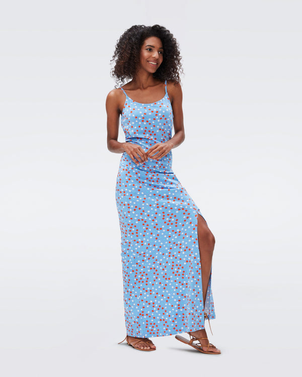 DVF gwendoline maxi dress in lipstick dot sky blue