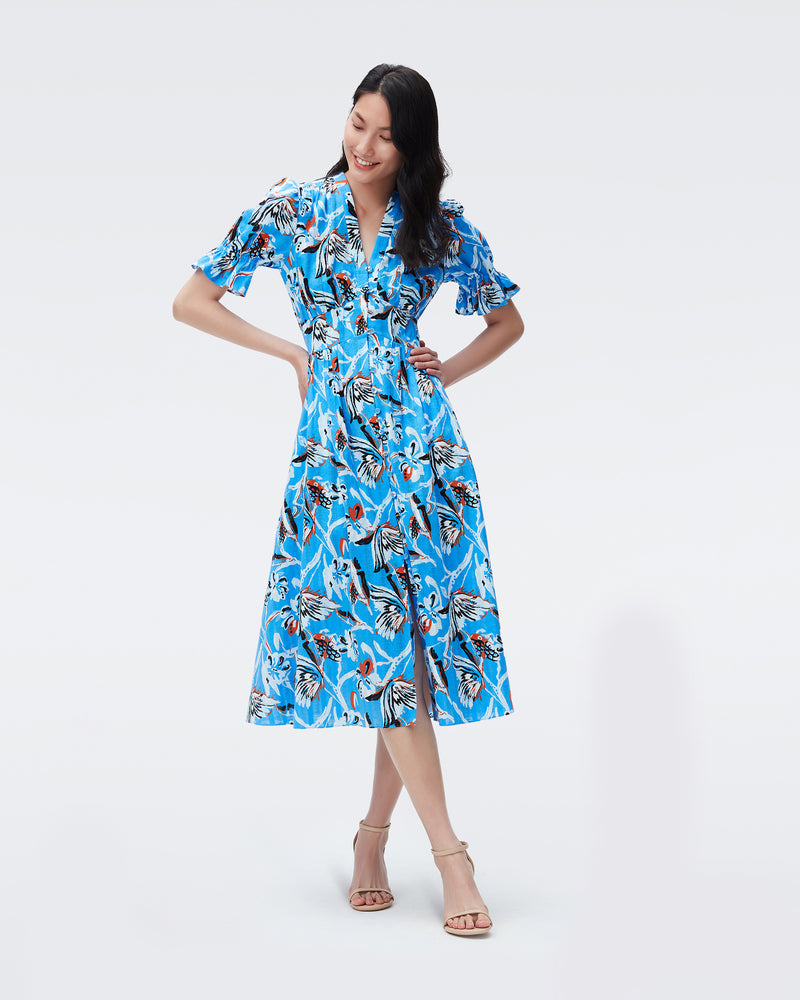 DVF erica cotton midi dress in butterfly floral pure blue
