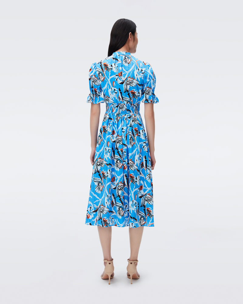 DVF erica cotton midi dress in butterfly floral pure blue