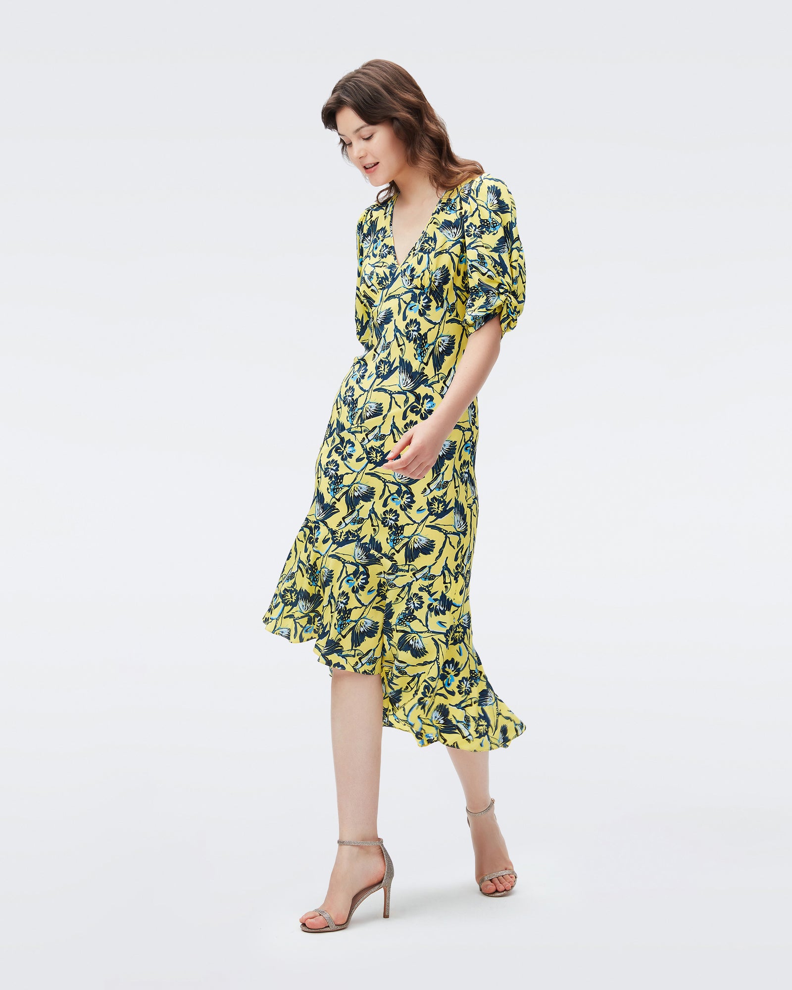 DVF tati dress in butterfly floral signature yellow