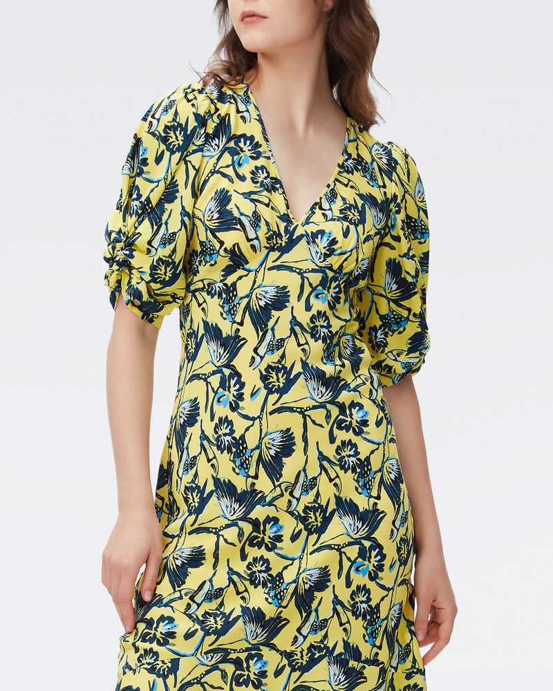 DVF tati dress in butterfly floral signature yellow